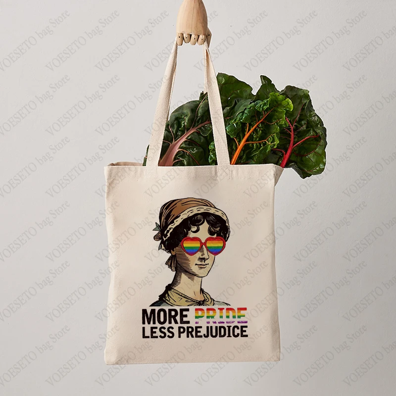 More Pride Less Prejudice Pattern Tote Bag Casual Canvas Shoulder Bag Rainbow Letter Shopping Bag Large Capacity Handbags