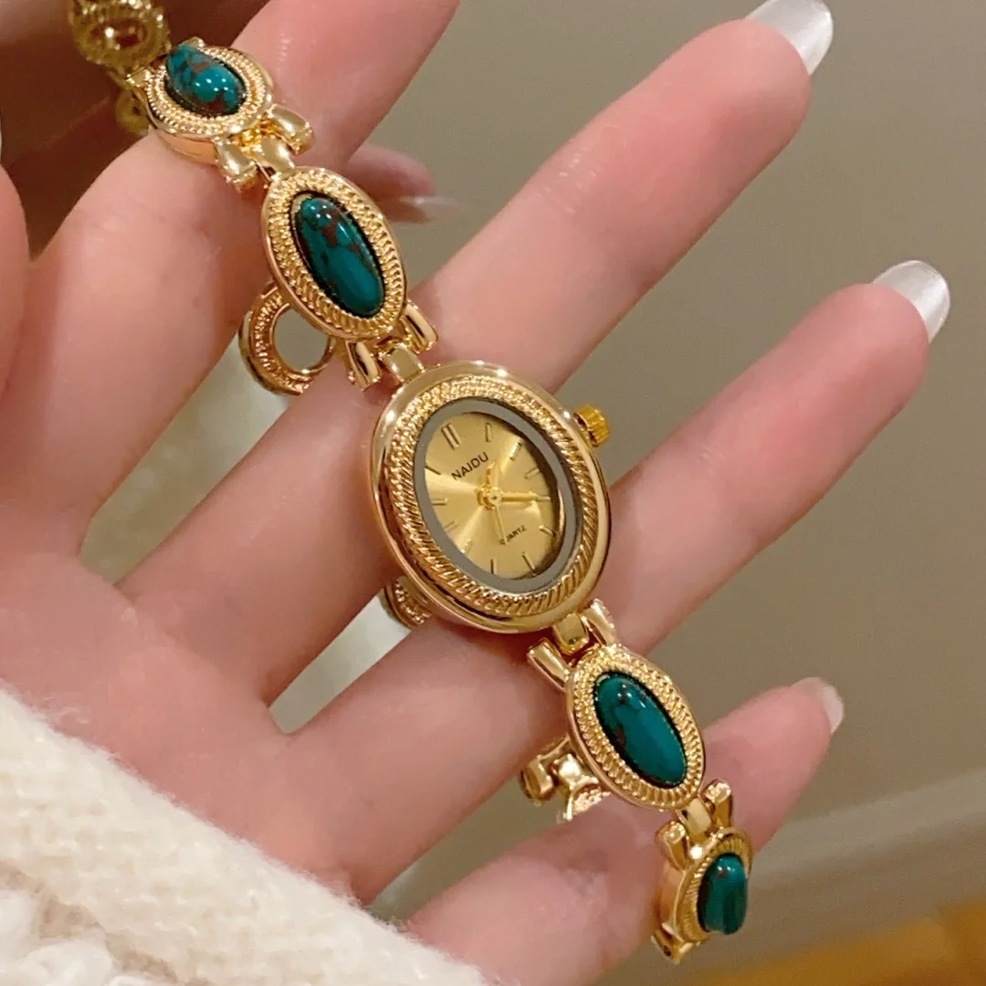 الراقية السيدات ووتش ضوء الفاخرة النمط الوطني البيضاوي حجر سوار ساعة اليد للنساء ساعات كوارتز الذهب relogio feminino