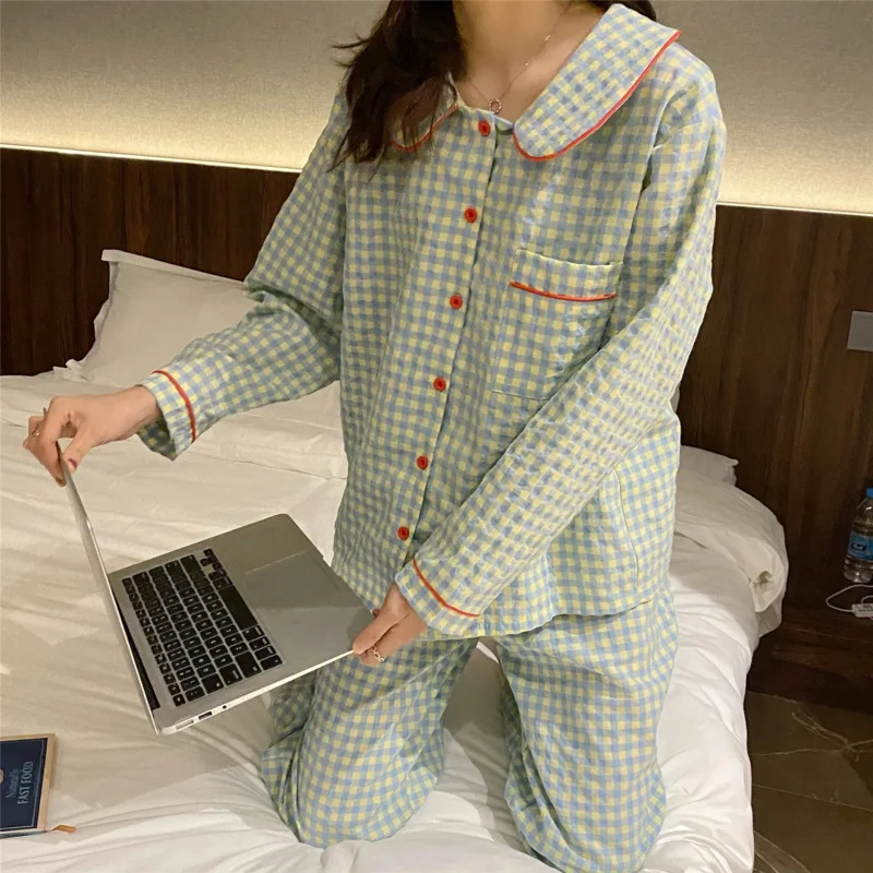 بيجامة نسائية جديدة للخريف والربيع بأكمام طويلة طقم ملابس نوم ناعمة شبكة بيجامة كرتونية طقم ملابس نوم منزلية للسيدات سترة