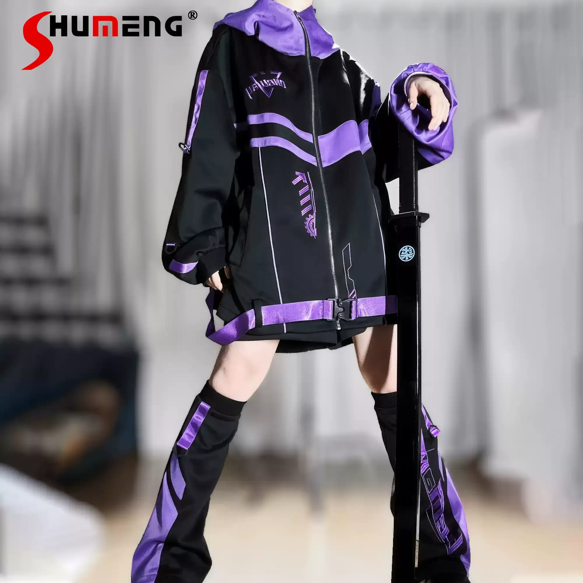 

Harajuku Girl's Techwear Sportswear Y2K Punk Outfit Fashion Casual Streetwear Oversized Zip Up Hooded Jacket Short Sets Women
