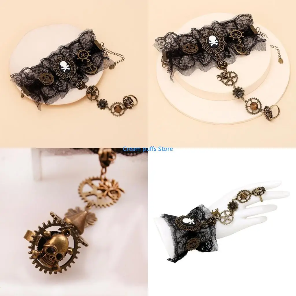 50LE Steampunk Fingerless Lace Gloves with Gear Gothic Victorian Pirate Wristband Gloves Lady Cool Accessories