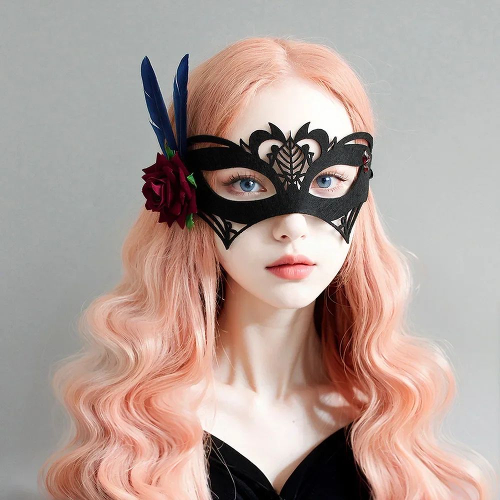 

Halloween Carnival Prom Party Mask Feather Rose Half Face Mask