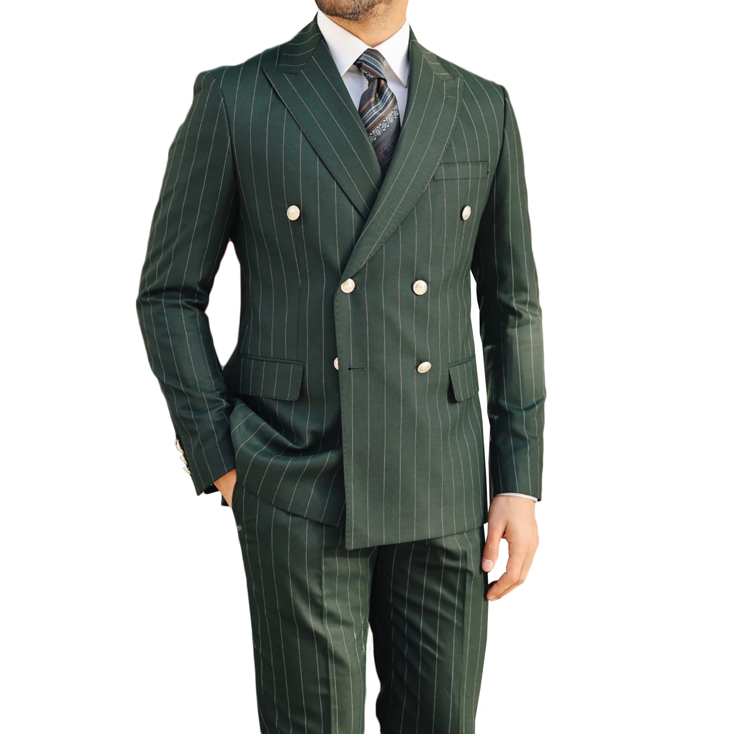 Green Men's Suit 2 Pieces Blazer Pants Bow Collar Double Breasted Buckle Formal Work Wear Wedding Prom Costume Size Color