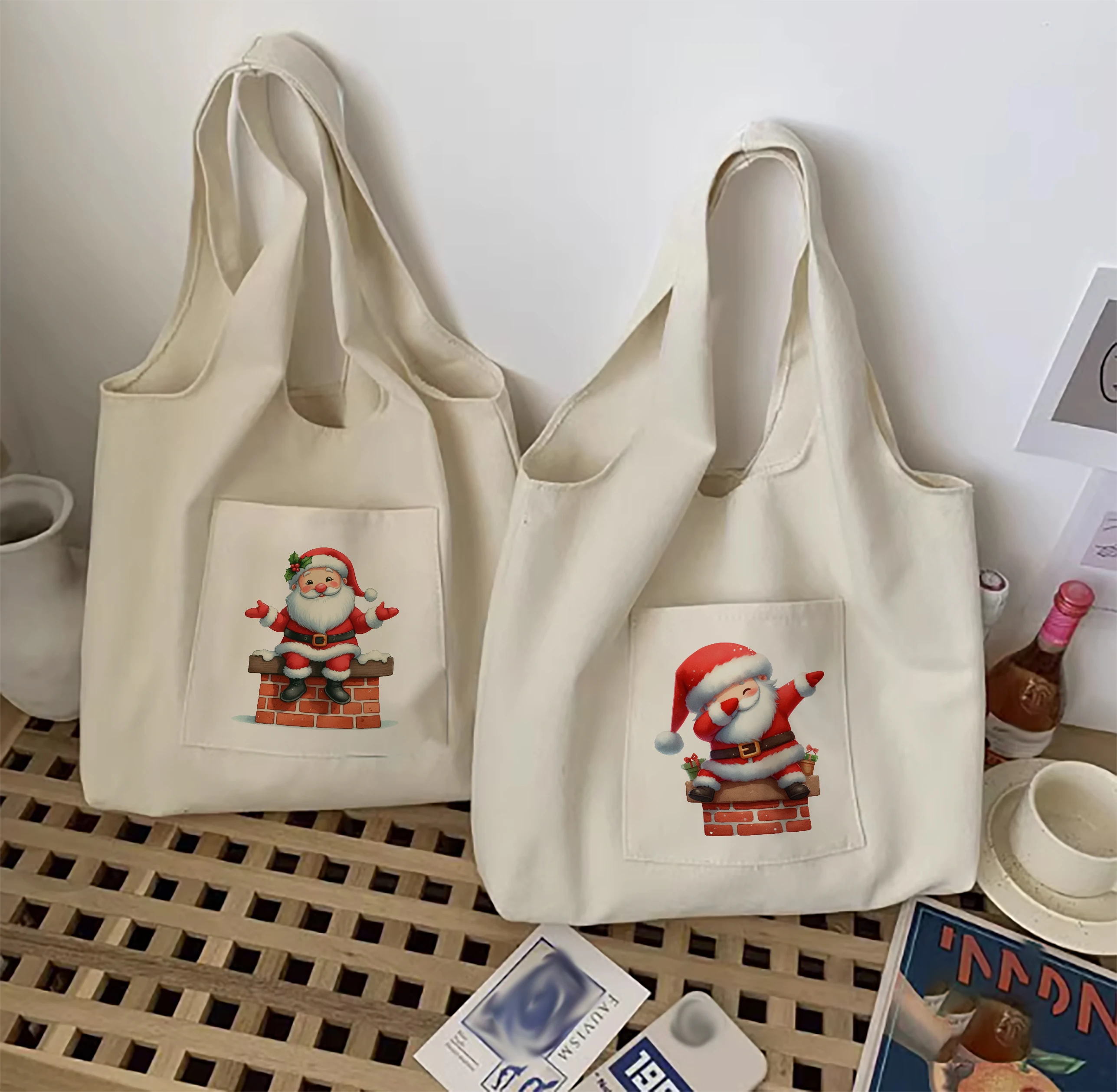 

Women's vest bag canvas vacation bag handbag storage bag kitchen miscellaneous storage bag cartoon fun Santa Claus