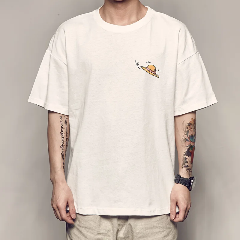 Camiseta de manga corta con estampado de Luffy de dibujos animados de algodón para hombre, camiseta holgada informal de verano, top base para estudiantes de tendencia
