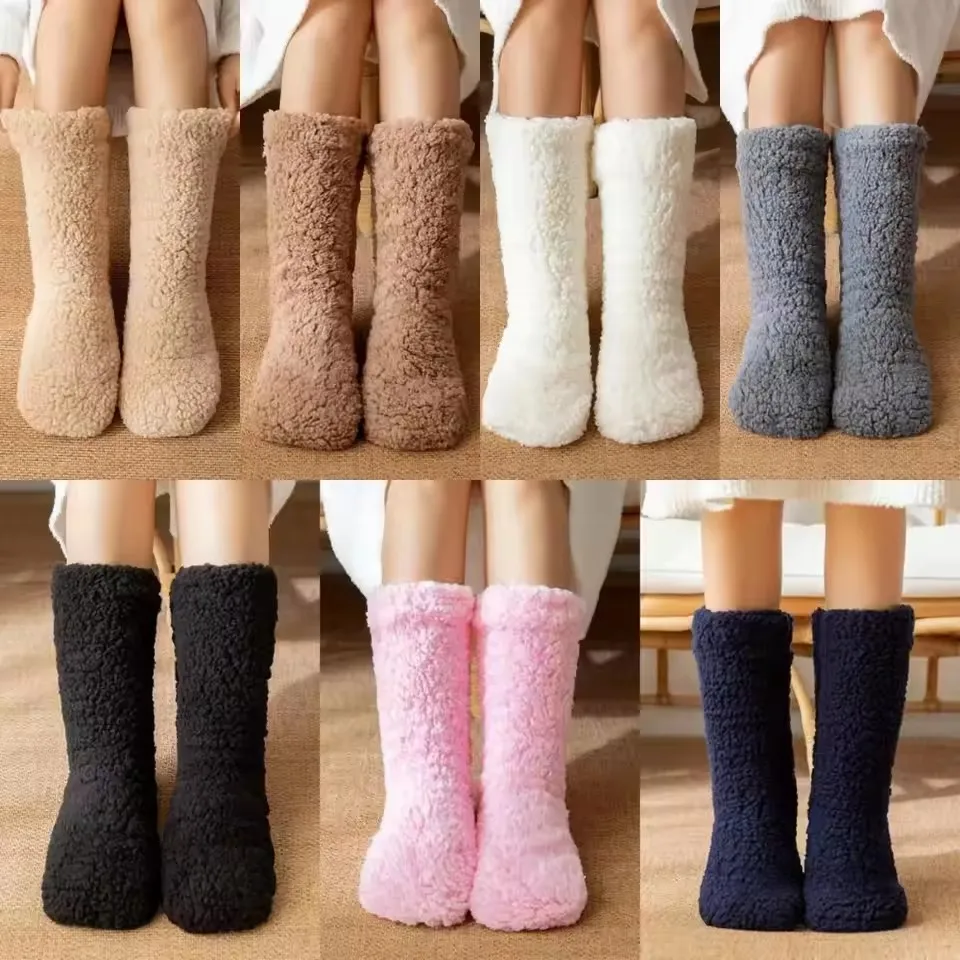 1 paar Verdickte Winter Woven Thermische Kaschmir Boden Socken Einfarbig Samt Teppich Schlaf Socken Anti Slip Boden Pantoffel Socke