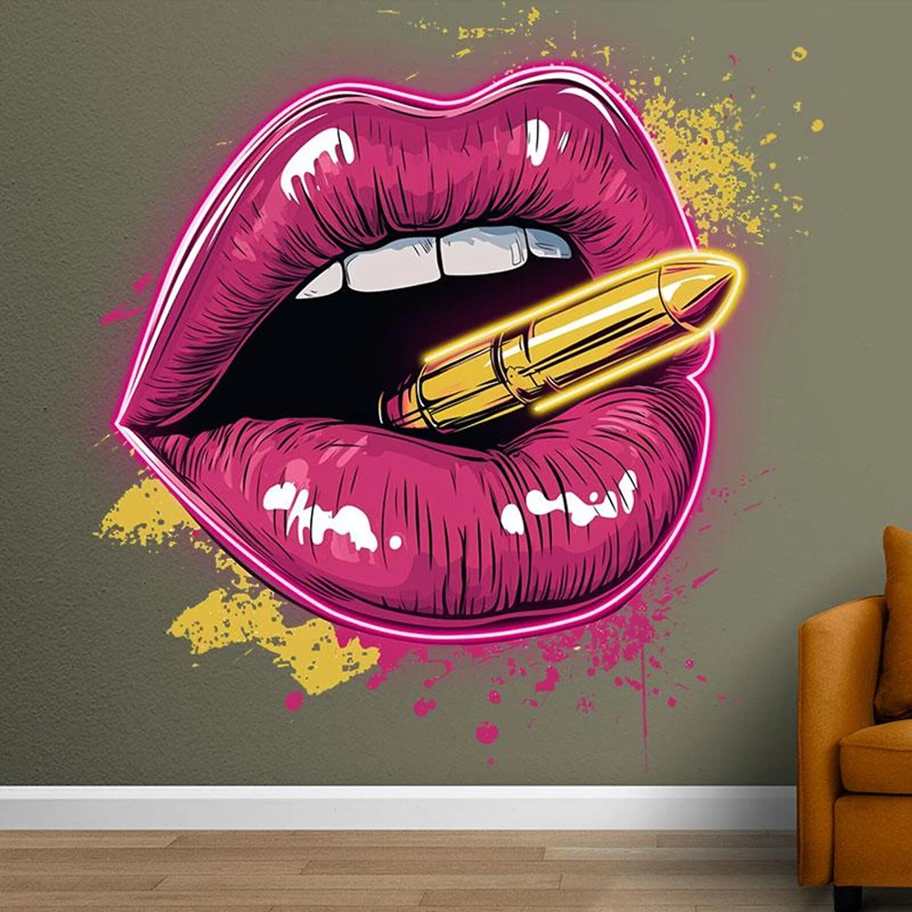 

Fuchsia Lips & Golden Bullet LED Ppo Art Sign Home Wall Decor Custom Led Neon Sign Living Room Bar Pub Decoration Night Lights