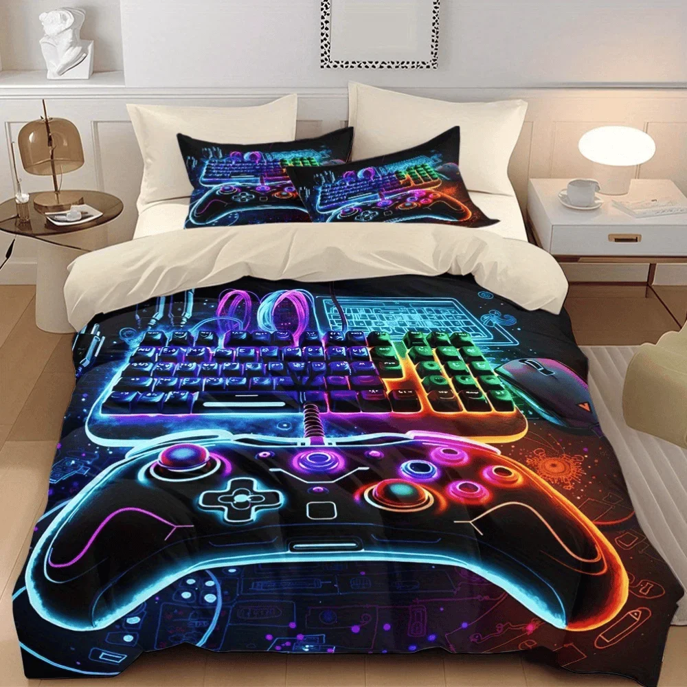 3pcs Neon Game Controller Printed Quilt Set- Includes 1 Quilt Cover and 2 Pillow Cover (without Filler)
