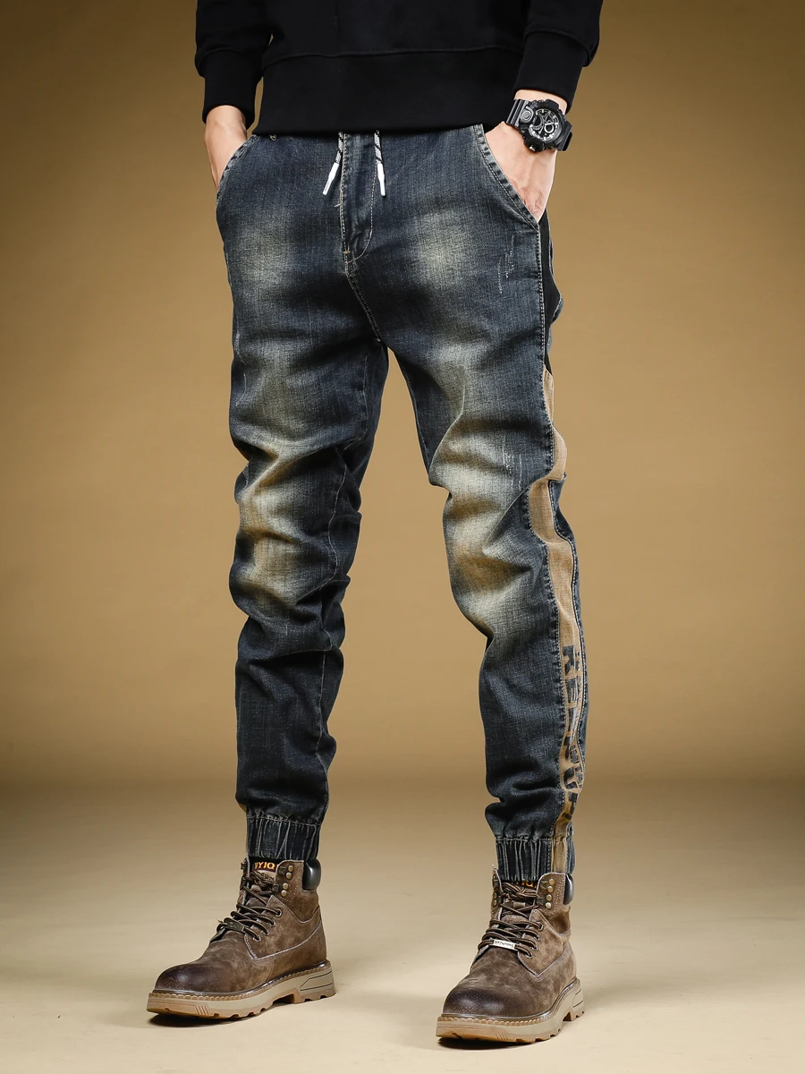 

Men's Autumn Winter Workwear Denim Jeans Thiened Fce Retro American Sle Patchwork Cuffed High Street Faionable