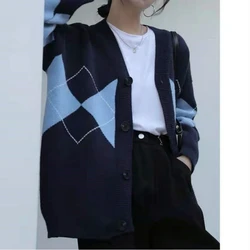 Spring Autumn New V-neck Long Sleeve Fashion Sweater Women High Street Casual Printing Button Cardigan Elegant All-match Tops