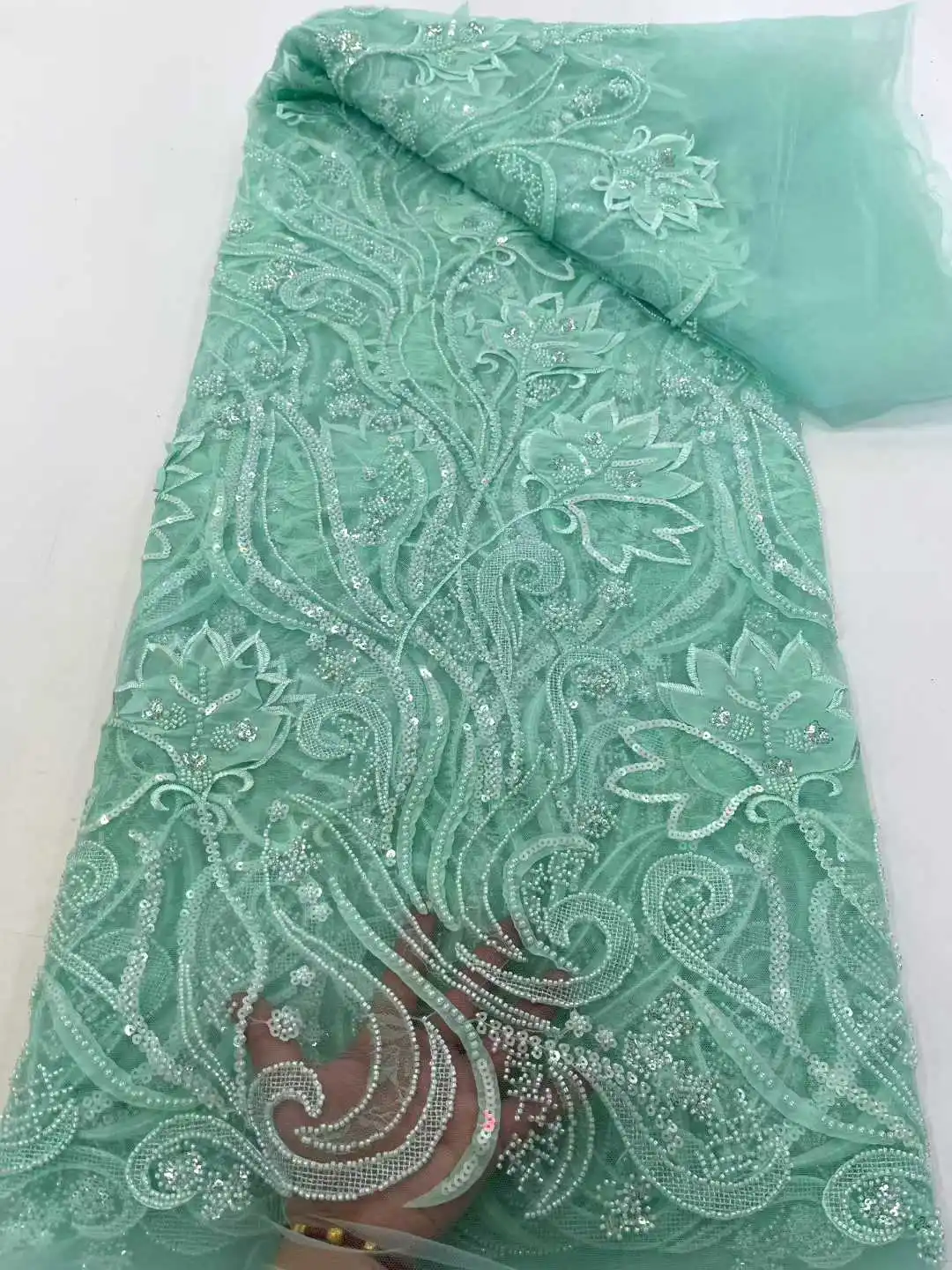 

African Sequins Lace French Tulle Beaded Lace Fabrics Women Fashion 5 Yards Embroidery Nigerian Lace Fabric For Wedding Party