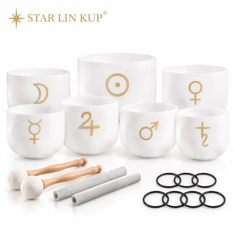 STAR LIN KUP 7PCS Frosted Quartz Crystal Singing Bowls Set 8-14 Inch Alchemical Symbol Chakra Sound Healing Meditation Yoga
