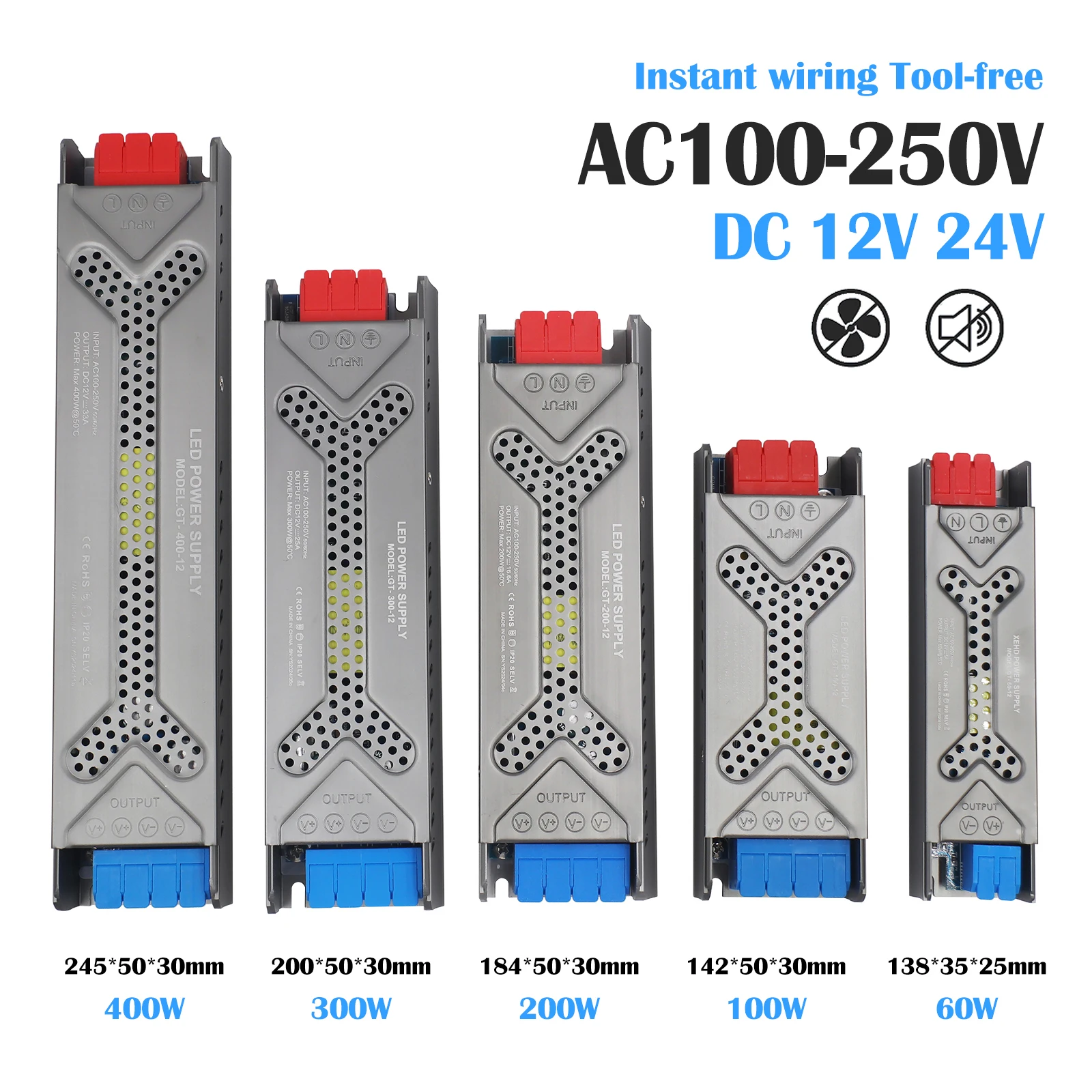 

DC 12V 24V Mute Lighting Transformers AC100V-250V Instant Wiring Tool-free Power Supply 60W 100W 200W 300W 400W LED Light Driver