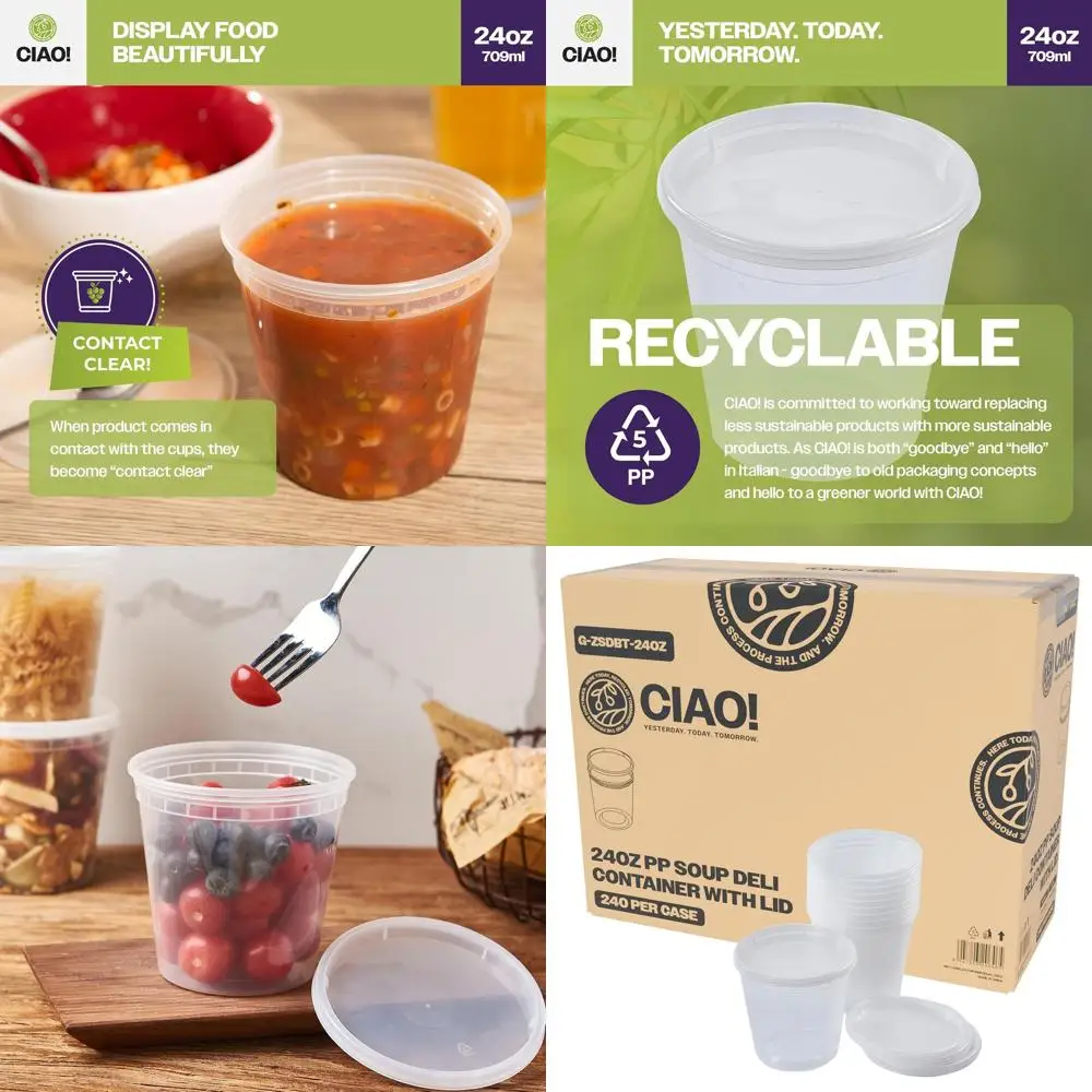 

Пластиковые контейнеры для супов и деликатесов из полипропилена, 24 унции, с крышками из LLDPE, пригодные для использования в микроволновой печи, без BPA (240/240 шт.)