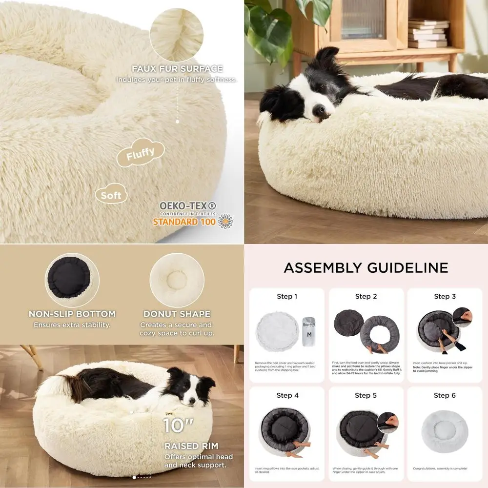 

Большая моющаяся кровать для собак-пончиков, противоскользящий пушистый плюшевый искусственный мех, подходит для домашних животных до 80 фунтов, цвет слоновой кости, бежевый, 36