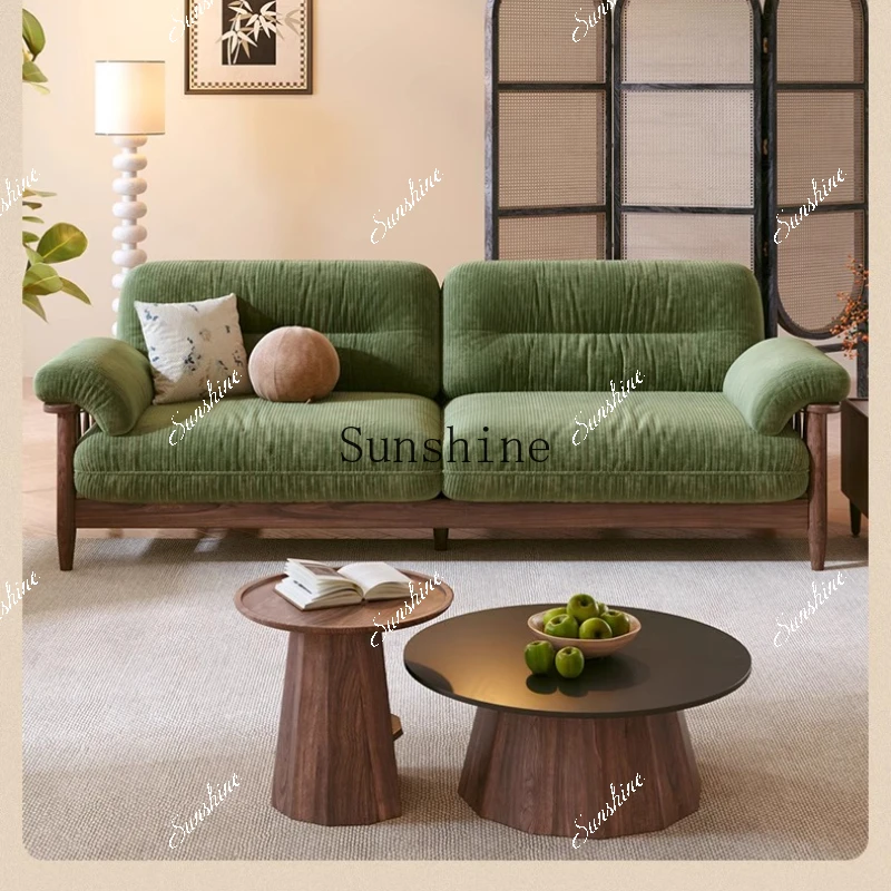 Retro solid wood living room small apartment green corduroy removable and washable fabric sofa FT
