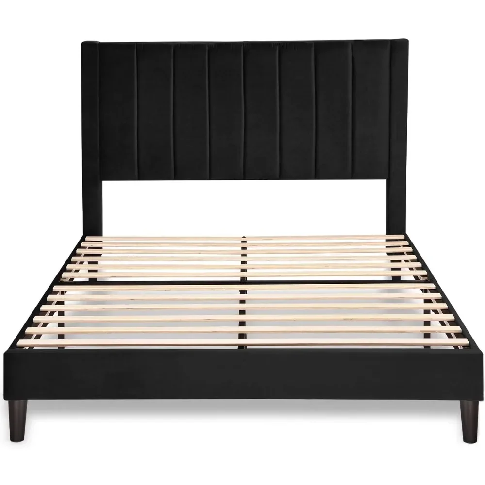 Bedroom furniture velvet upholstered bed frame, platform bed frame, mattress base, box spring optional, easy to assemble, black