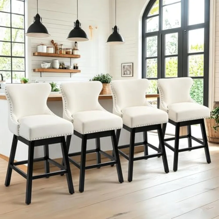 

Swivel Bar Stools Set of 4, 26" Seat Height Kitchen Stools with Back and Wood Legs, Velvet Upholstered Counter Stools with Pull