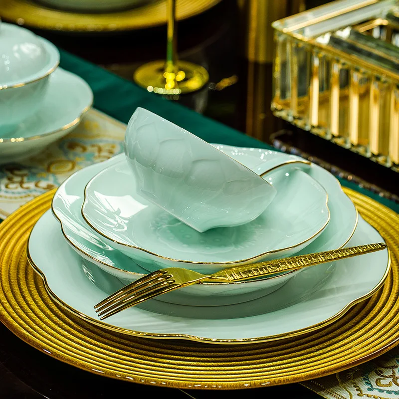 Jingdezhen high white porcelain shadow blue relief dishes set ceramic dishes tableware set housewarming bowls gift wholesale