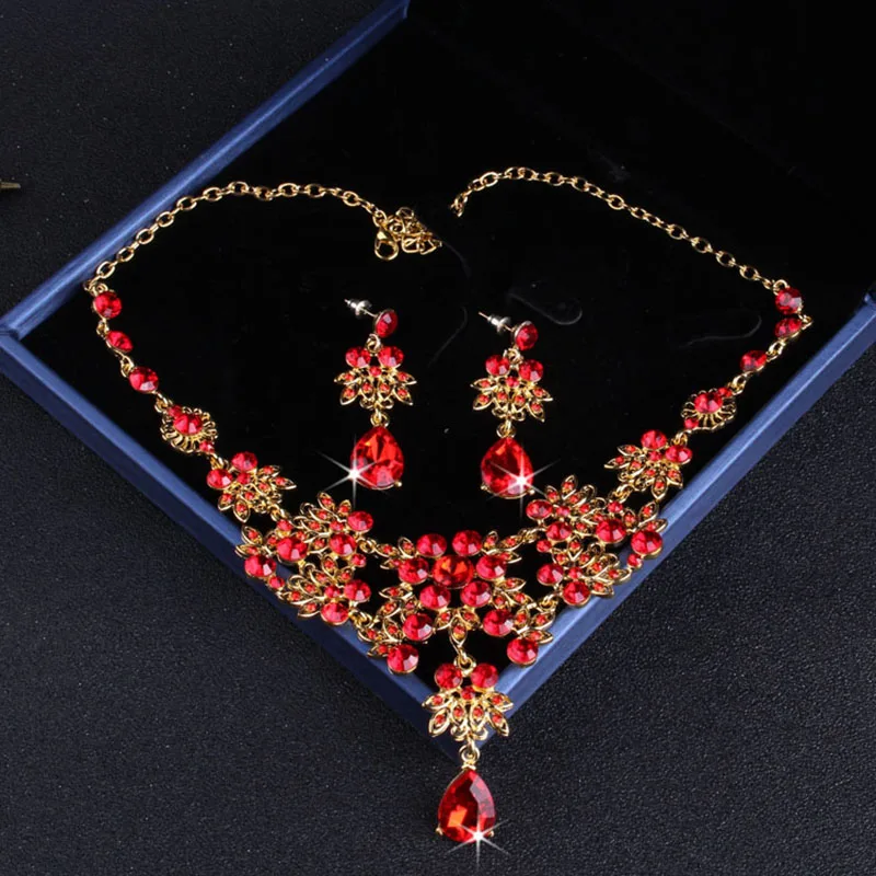 Baroque Vintage Gold Color Red Crystal Bridal Jewelry Sets Rhinestone Tiaras Crown Choker Necklace Earrings Wedding Accessories