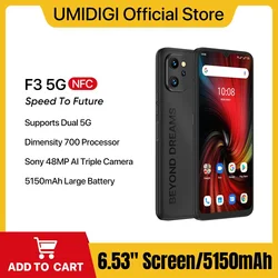 UMIDIGI-teléfono inteligente F3 5G, Android 12, procesador Dimensity 700, pantalla de 6,7 pulgadas, 8GB, 128GB, Triple cámara de 48MP, 5150mAh, 18W