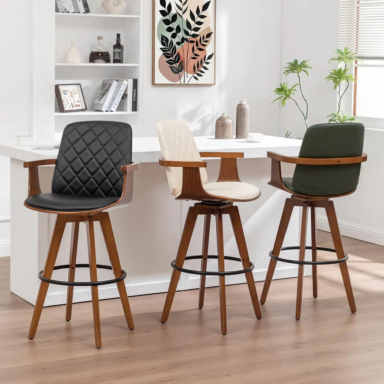 Swivel Bar Stools Set Of 3 - 29.1 Inch Mid Century Bar Stools With Walnut Craftsmanship, Curved Back And Arms,, Customized