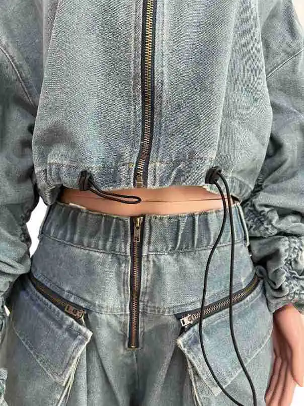 2023 Women\'s Loose Denim Two Piece Set Vintage Zipper Turtleneck Crop Top + Pockets Wide Leg Pants Streetwear Outfits Y2K Femme