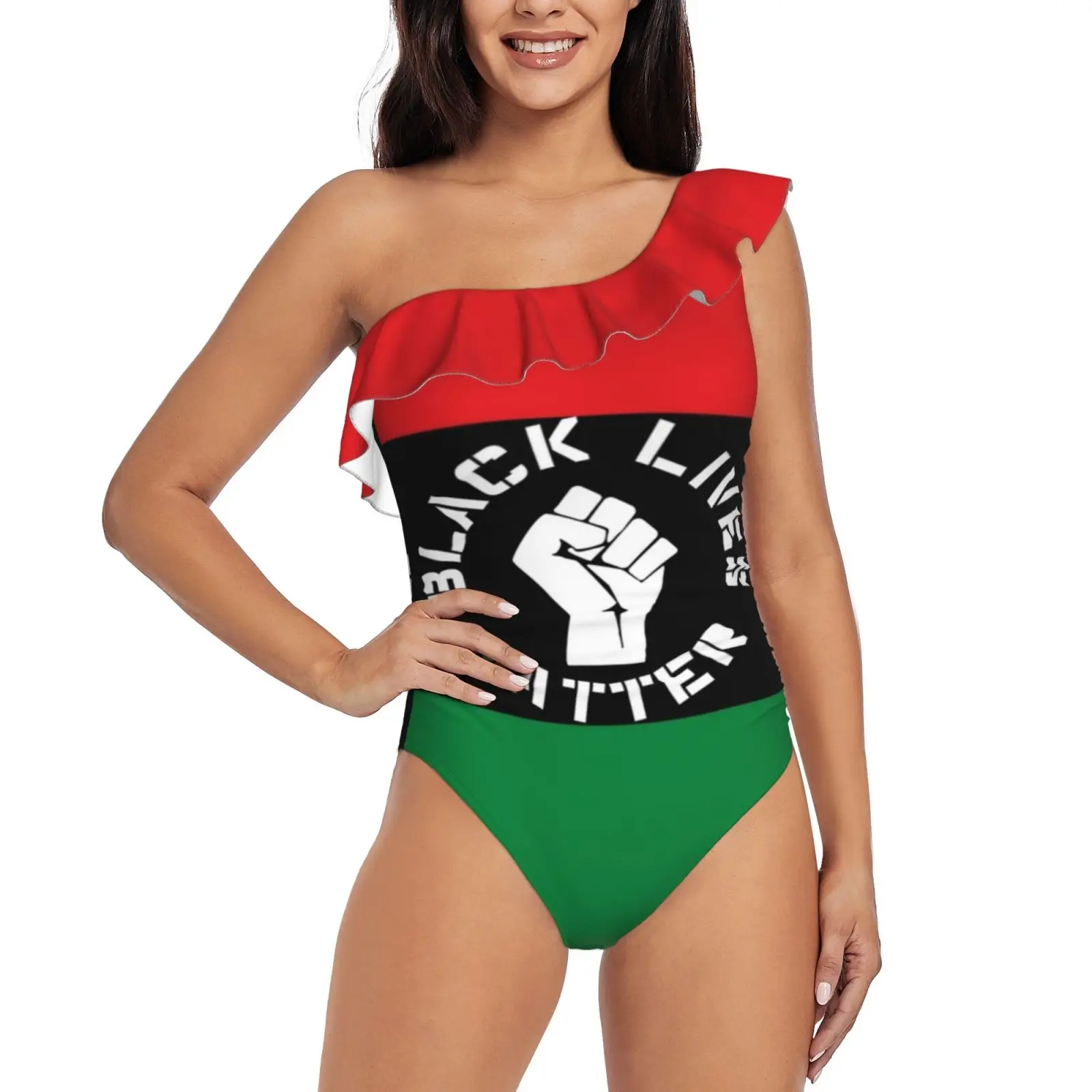 Black Lives Matter Fist , Unia Flag , Pan-African , Black Ruffle Swimwear Women One Piece Swimsuit Monokini Push Up Bathing