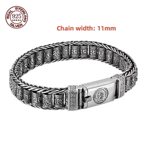 Bracelet masculin de style rétro, bracelet simple et généreux en argent, mantra tissé à six caractères, 925, chaîne en argent, bijoux 8 meilleurs mantras de vente - No 8