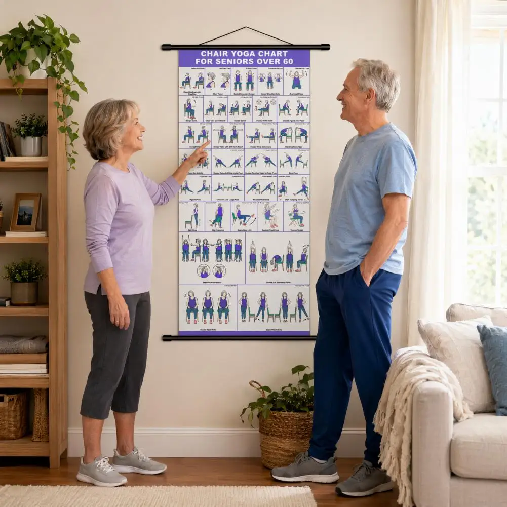 Gentle Movement Guide Chair Yoga Wall Chart for Seniors Beginners Canvas Fabric Poster with Hanging Rod Rope for Grandparents