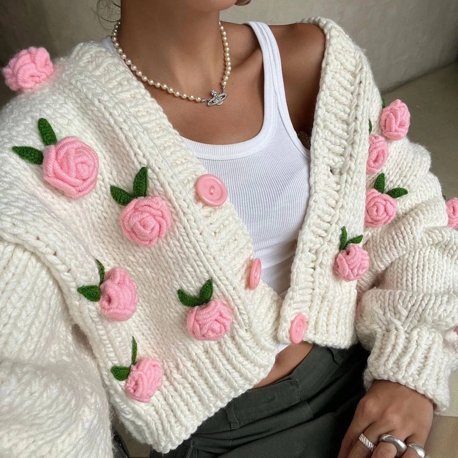 Combhasaki Women\'s Y2K Cute Kawaii Knit Crop Cardigans Long Sleeve 3D Flowers Decor Button Closure Loose Casual Jacket Sweaters