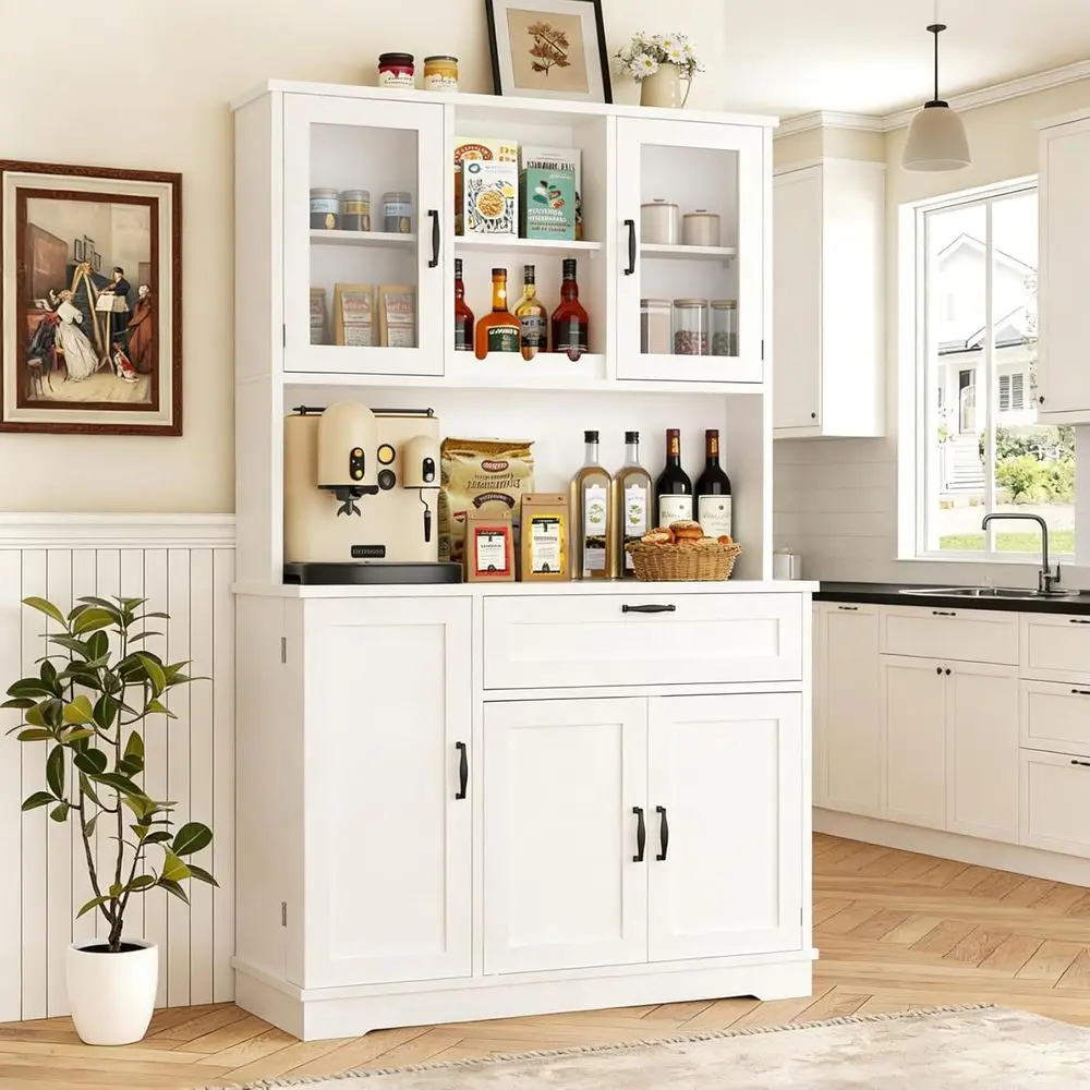 

Kitchen Pantry Cabinet, Large Kitchen Hutch ormhouse Storage Cabinet with Microwave Stand, Tall ood Pantry or Dining Room, Livin