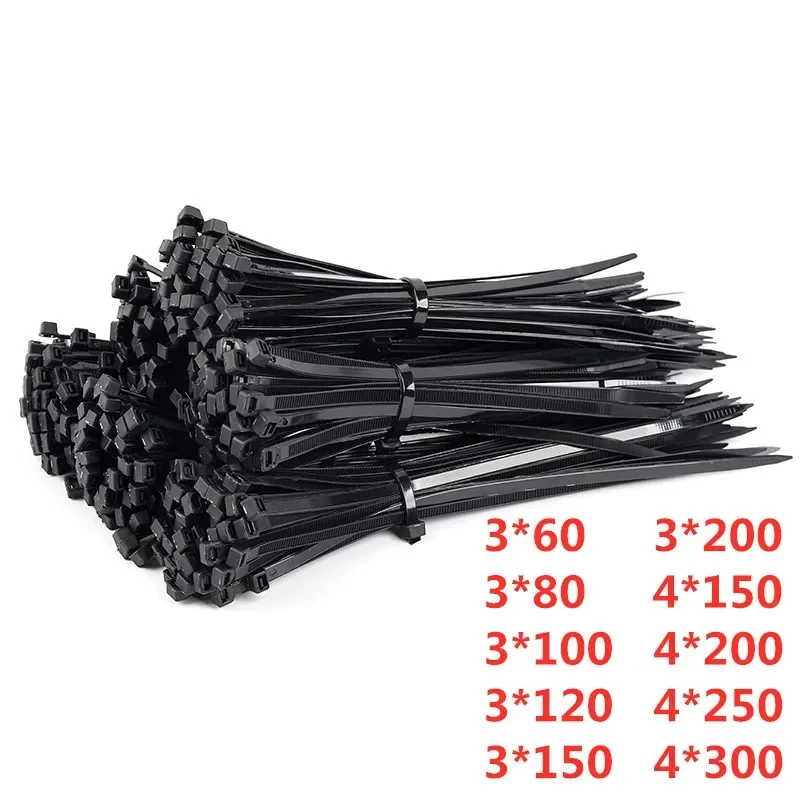 100 PCS Self-locking Plastic Nylon Tie  Black 3*100 3*200 Cable Tie Fastening Ring Cable Tie Zip Wraps Strap  Nylon Cable Tie