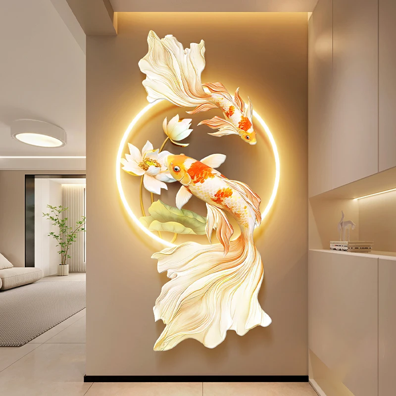 Koi Fish And Lotus Hanging Painting Room Decoration Wall Lamp Interior Wall Led Lights Living Room Interior Decorative Paintings