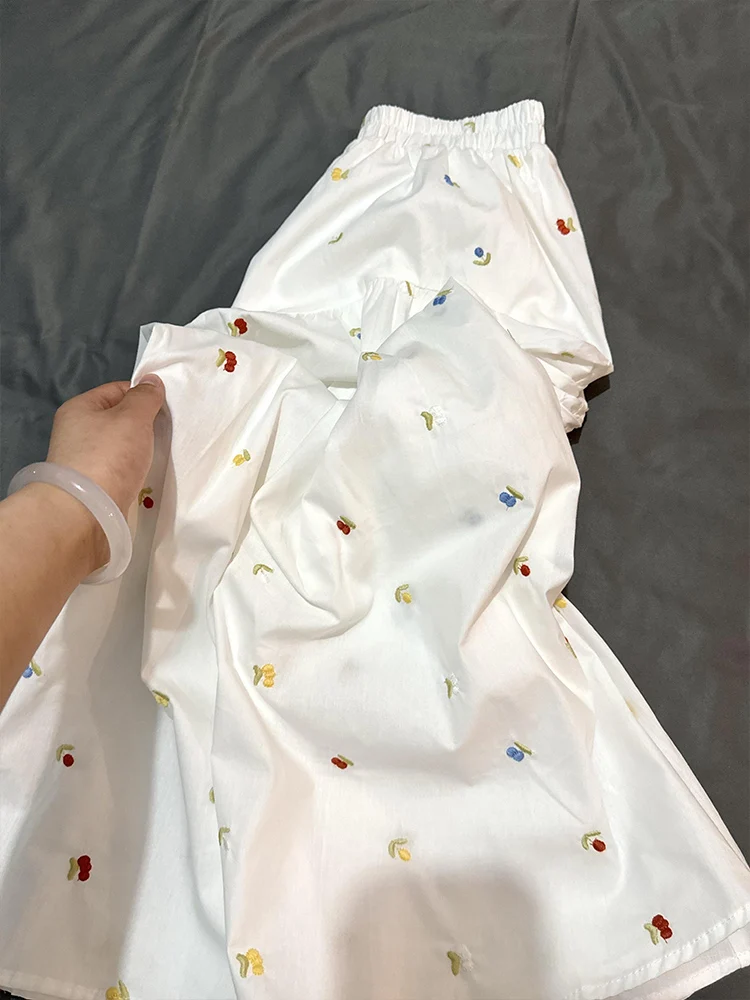 Coréen doux Sle broderie florale blanc f jupe femmes été réduction de l'âge taille haute mince a-ligne parapluie jupe longue D...