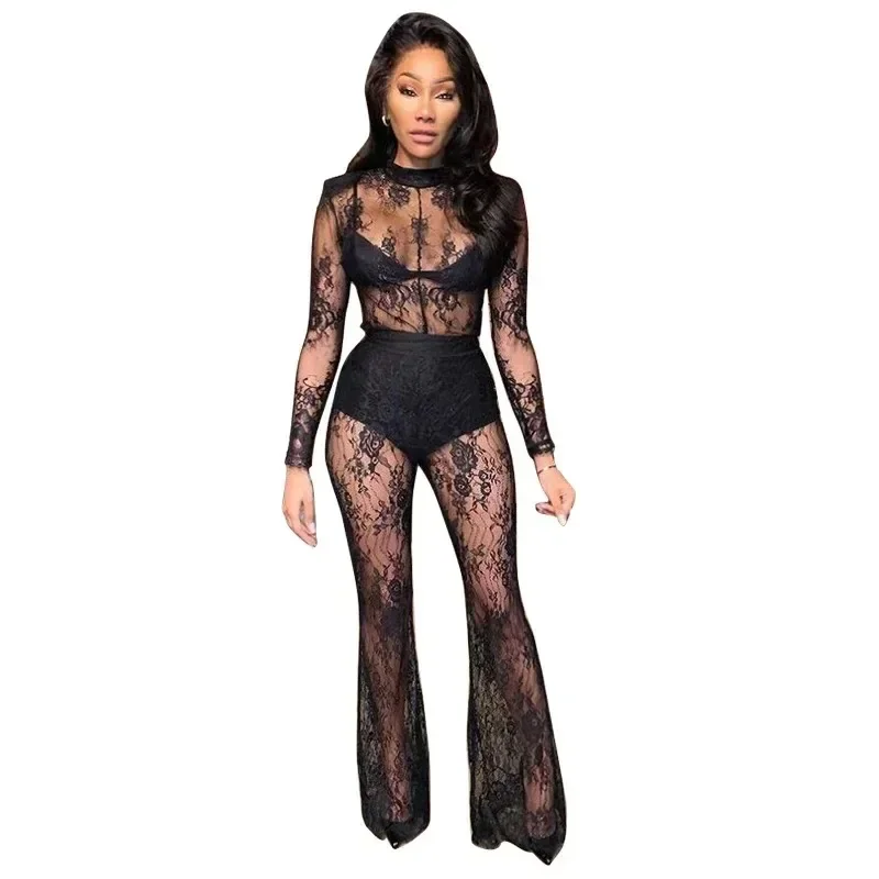

Fashion Black Lace Perspective Sexy Night Club Outfits Long Sleeve One Pieces Wide Leg Jumpsuit Women Summer Clothes