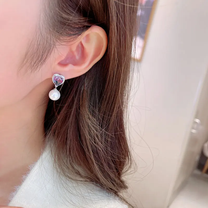 Purple heart-shaped zircon stud s925 silver needle sweet pearl fashionable and elegant high-end earrings