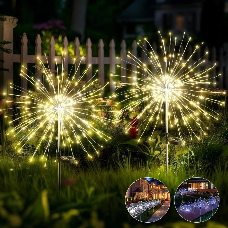 LED Solar Ground Mounted Fireworks Lights, Outdoor Waterproof Courtyard Decorative Lights, Starry Sky Copper Wire Light String