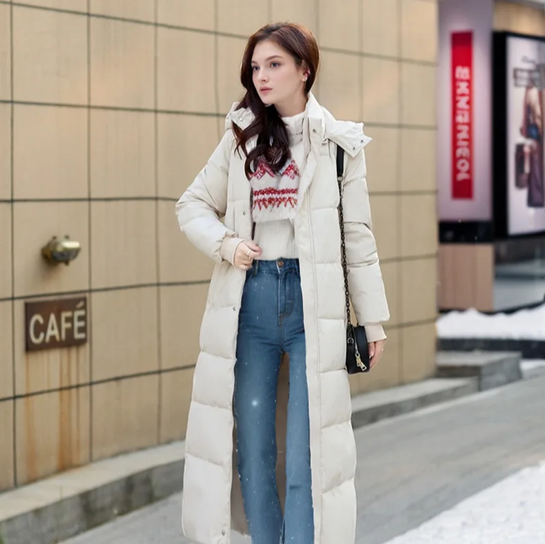 

Новые зимние модные женские повседневные модные однотонные простые базовые стеганые пальто до середины икры с капюшоном, женская одежда-парка