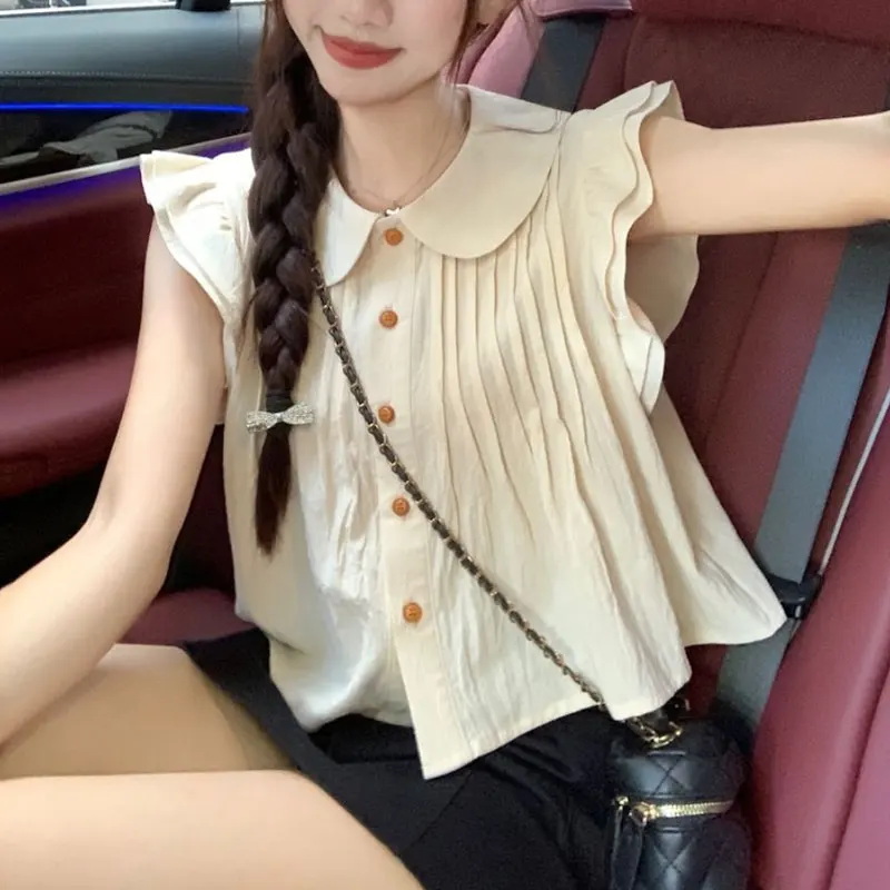 

Sweet Peter Pan Collar Shirt Female Clothing Chic Pleated Summer Solid Color Loose Flying Sleeve Korean Single-breasted Blouse