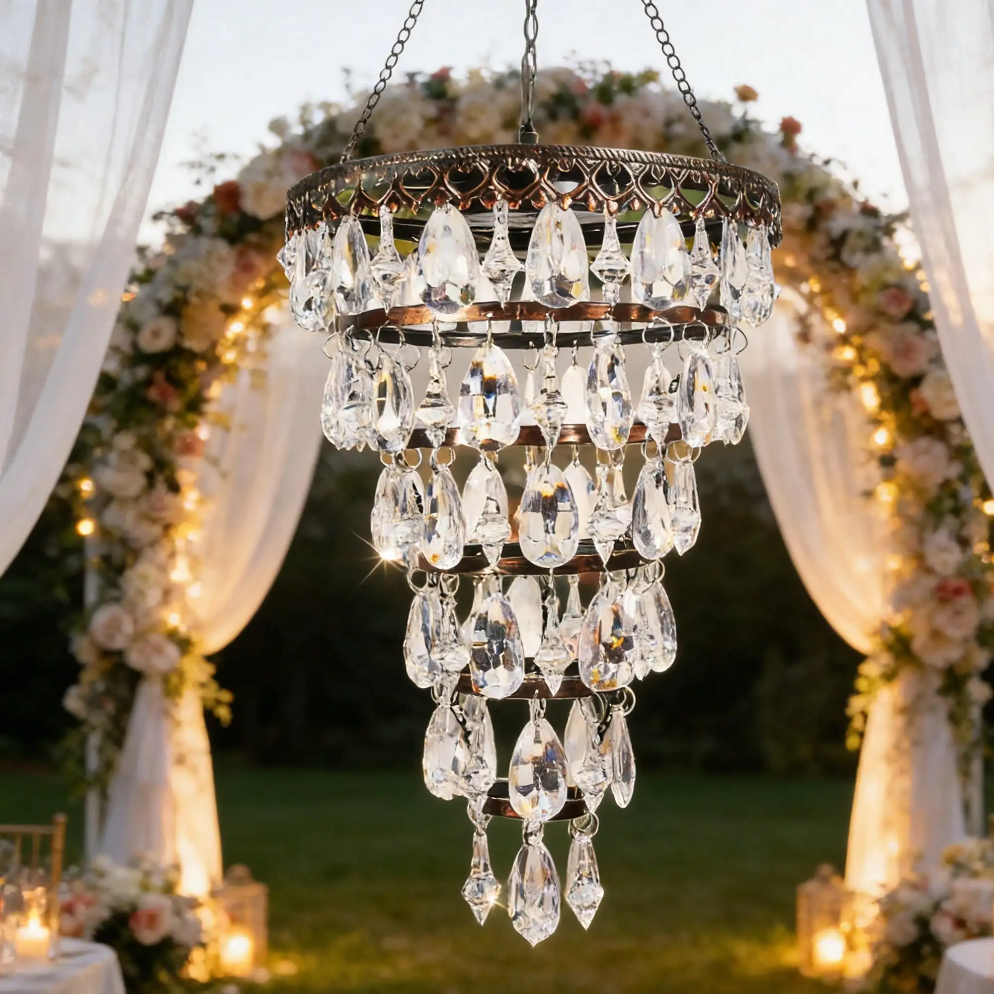 Solar Hanging Chandelier 6-Tier Crystal Outdoor Hanging Lantern With Warm LED Lights & 5ft Strip Waterproof For Garden, Patio, Gazebo, Wedding, Party Decoration