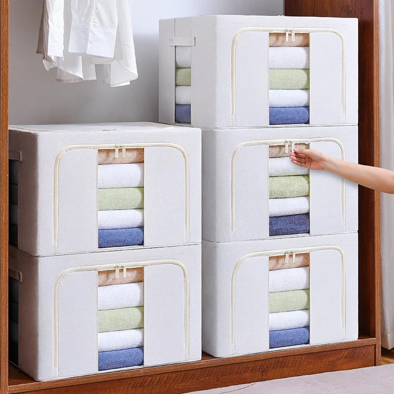 

Large Capacity Clothes Storage Bag Steel Framed Foldable Blanket Storage Containers for Organizing Bedroom Closet Cotton