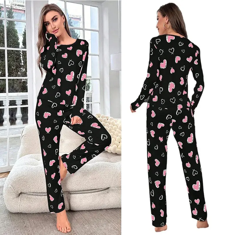 Summer Two-Piece Casual Pajama Ribbed Knit Cute Printed Heart Crop Top Tank Top and Shorts Women's Camisole Sexy Pajama Set