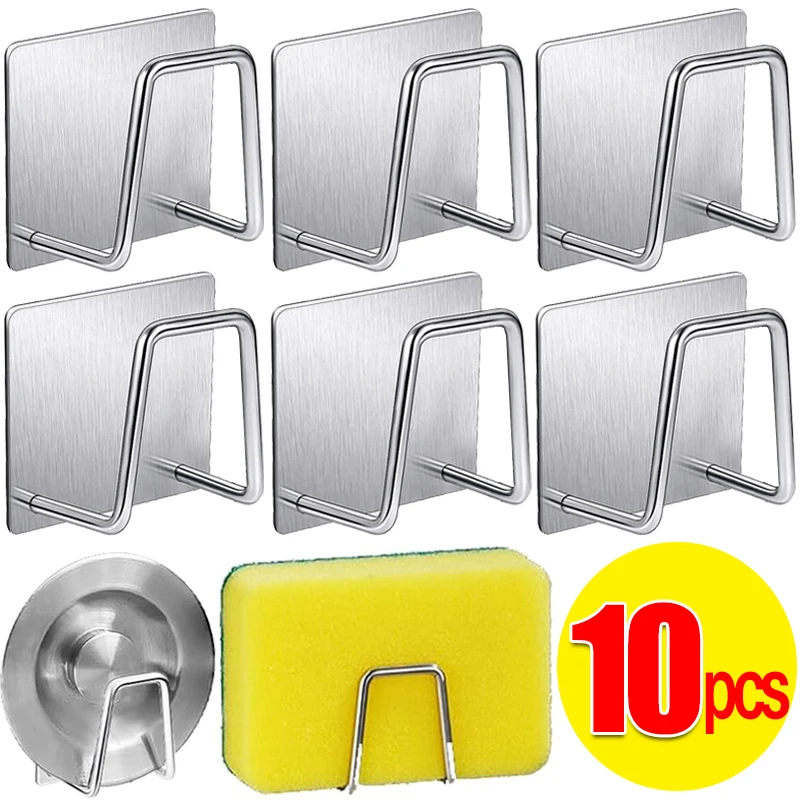 10/1PCS Stainless Steel Sink Sponge Holder Self-Adhesive Kitchen Organizer Drain Drying Rack Wall Hooks Wire Ball Rag Storage