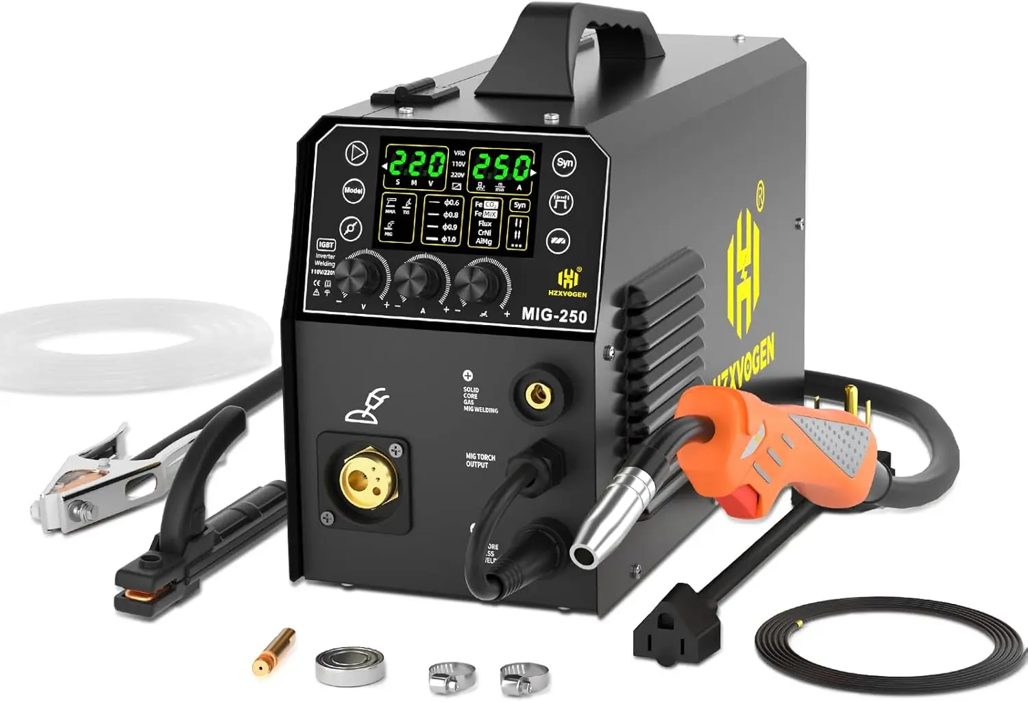 250A Aluminum MIG Welder 5 in 1 LED Display Multi-process Welding Machine 110/220V IGBT Inverter Gas MIG Gasless Flux Core