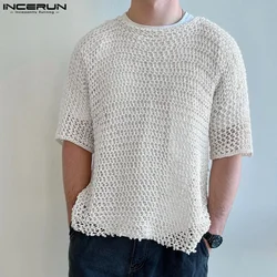 INCERUN Tops 2024 American Style Fashion Men's Mesh Hollowed Design T-shirts Casual Streetwear O-neck Half sleeve Camiseta S-5XL