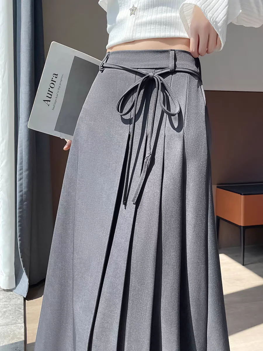 

Asymmetric Suit Skirt Fall 2025 High Waist Grey Draped Pleated A-Line Maxi Skirts For Women