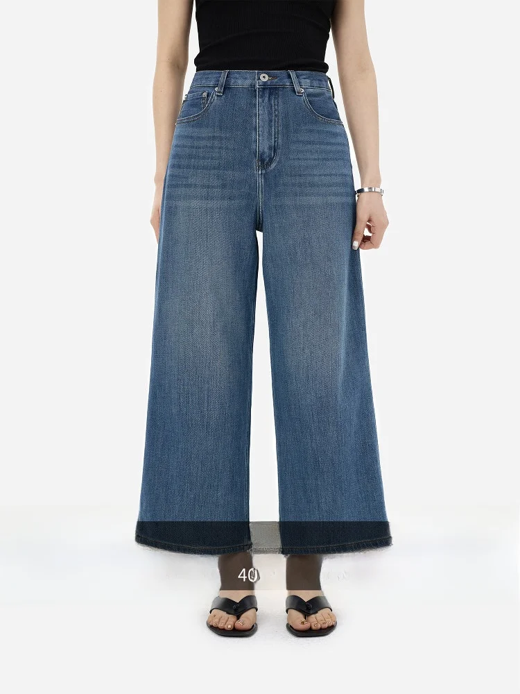 

Джинсы eGuYue из регенерированного волокна с высокой талией и широкими штанинами, влагоотводящие, эластичные в четырех направлениях, летние повседневные хлопковые джинсовые брюки