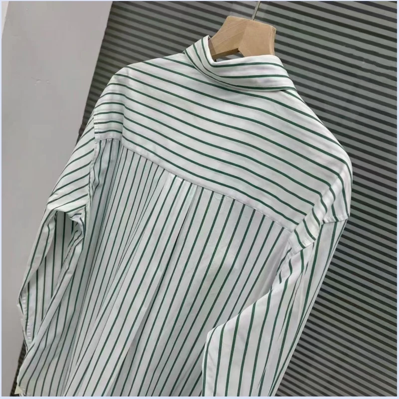 25 year new Nordic TT women's classic green and white striped cotton poplin A-line silhouette shirt top