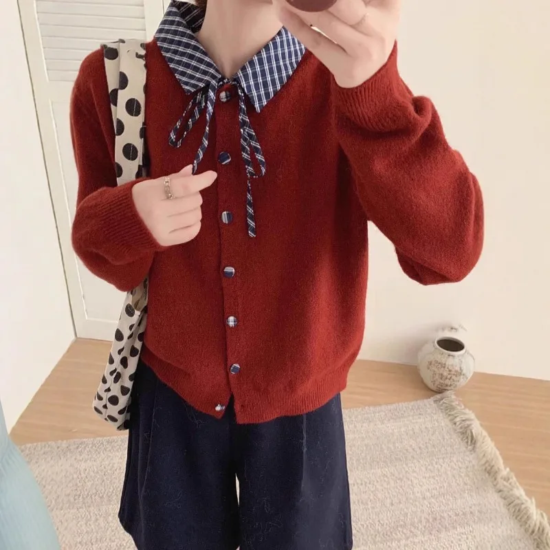 2026 Autumn and Winter New Design Sense Korean Style Shirt Collar Tie Grid Patch Knitted Cardigan Warm and Thick Sweater
